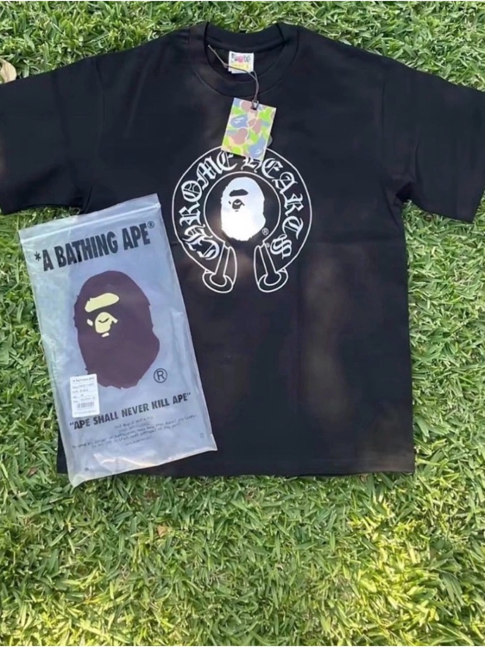 Bape Black Tee with White Ape Logo Graphic